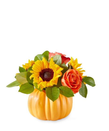 classic sunflowers and orange roses in pumpkin shaped container