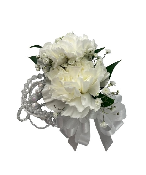 two white carnations with ribbon accents