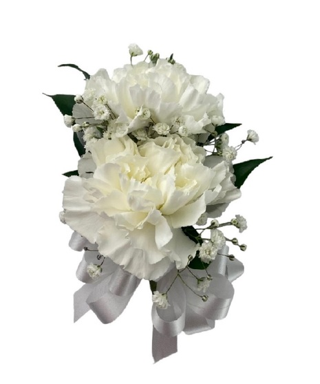 two white carnations with ribbon accents