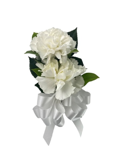 two white carnations with ribbon accents