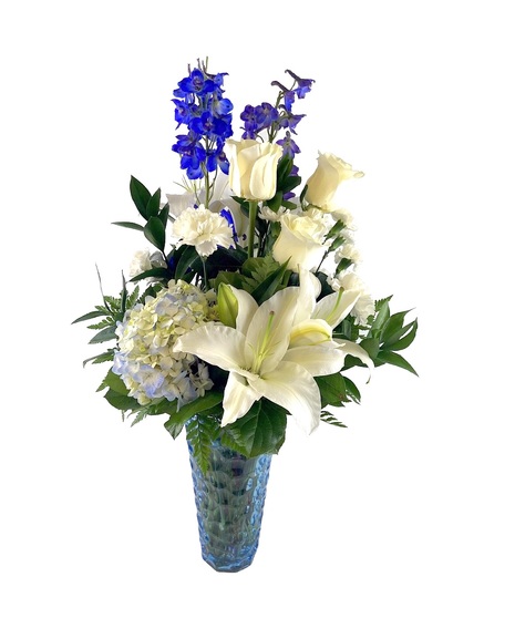 Blue & White Funeral Arrangement