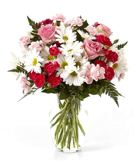 Pink mini carnations along with traditional white daisies and greenery are presented in a classic clear vase.